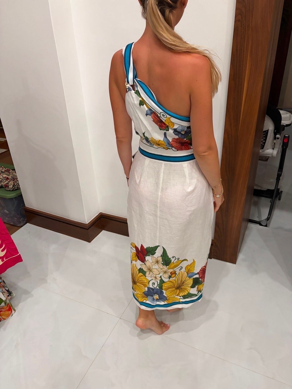 FARM Rio White One-Shoulder Floral Midi Dress with Blue Trim - Picture 8 of 9